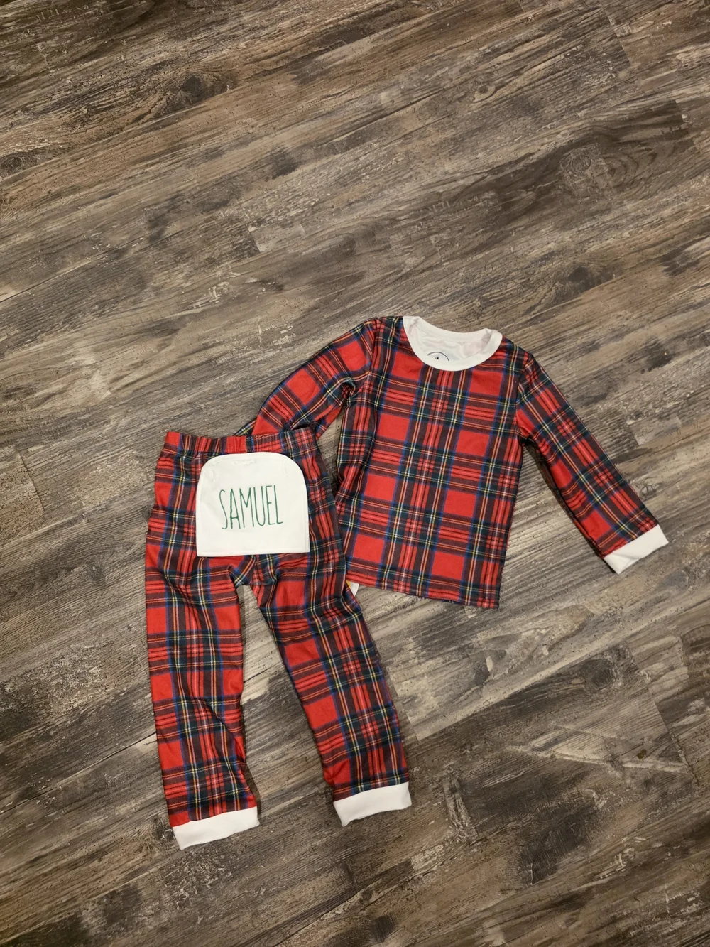 Red Plaid Kids Pajama Set - Personalized Back Panel
